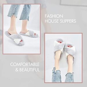FamiPort Fluffy Cross Band Slippers Women Color Gray & White Size 5.5-6.5